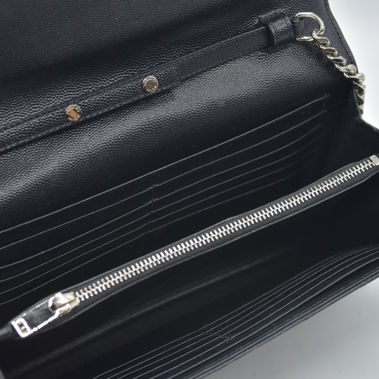 $1600 Saint Laurent Grain De Poudre Matelasse Chevron Monogram Envelope Chain Wallet Black