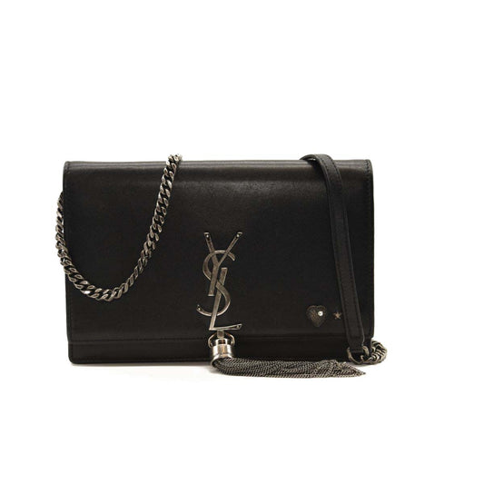 Saint Laurent Smooth Calfskin Classic Monogram Pins Kate Tassel Chain Wallet Black