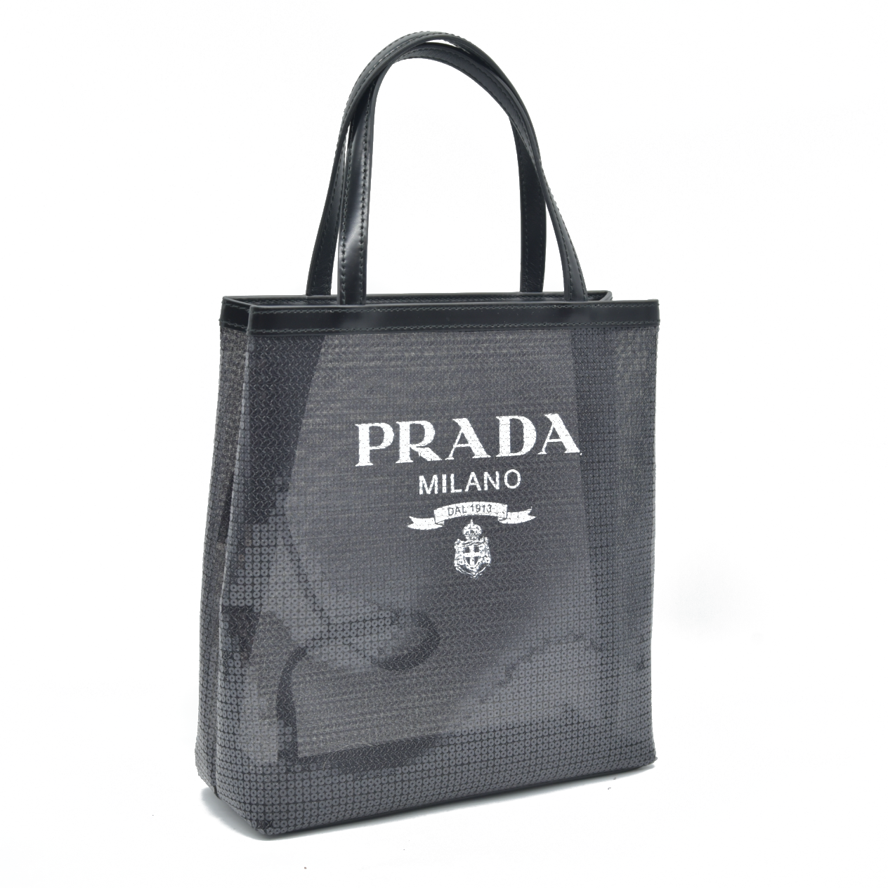 $2100 Prada Sequin Rete Paillettes Small Tote Bag Black
