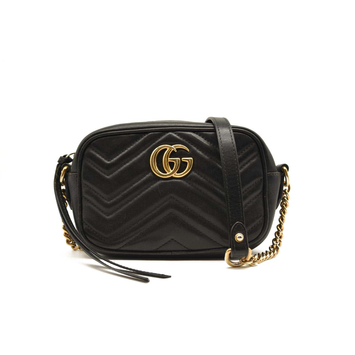 GUCCI Calfskin Matelasse Mini GG Marmont Chain Shoulder Bag Black