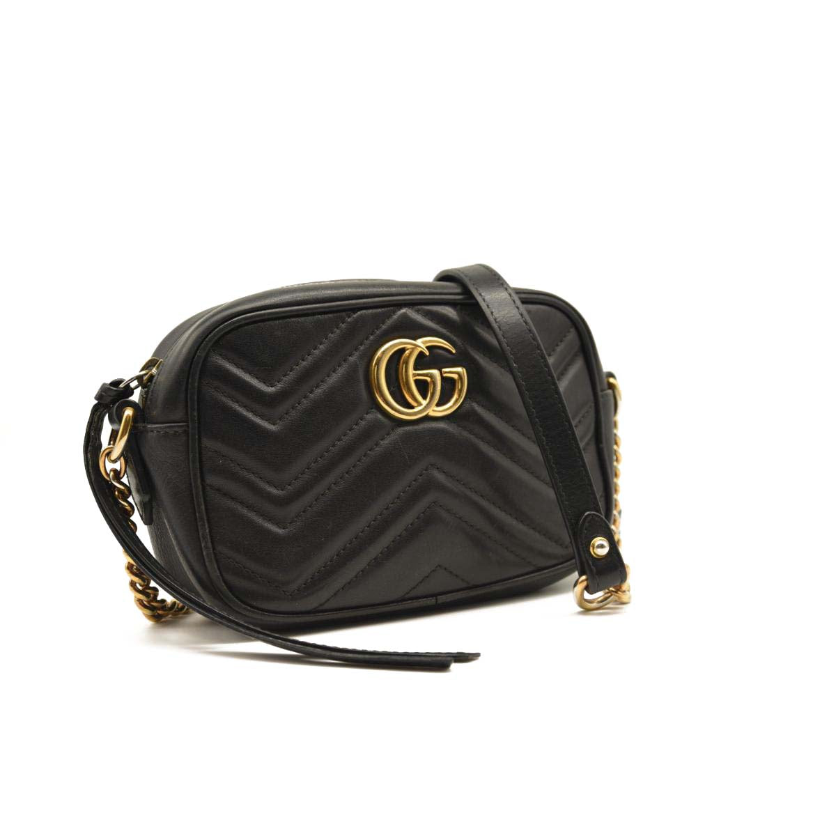 GUCCI Calfskin Matelasse Mini GG Marmont Chain Shoulder Bag Black