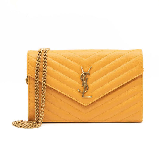 USED Saint Laurent Grain De Poudre Matelasse Chevron Monogram Chain Wallet Yellow