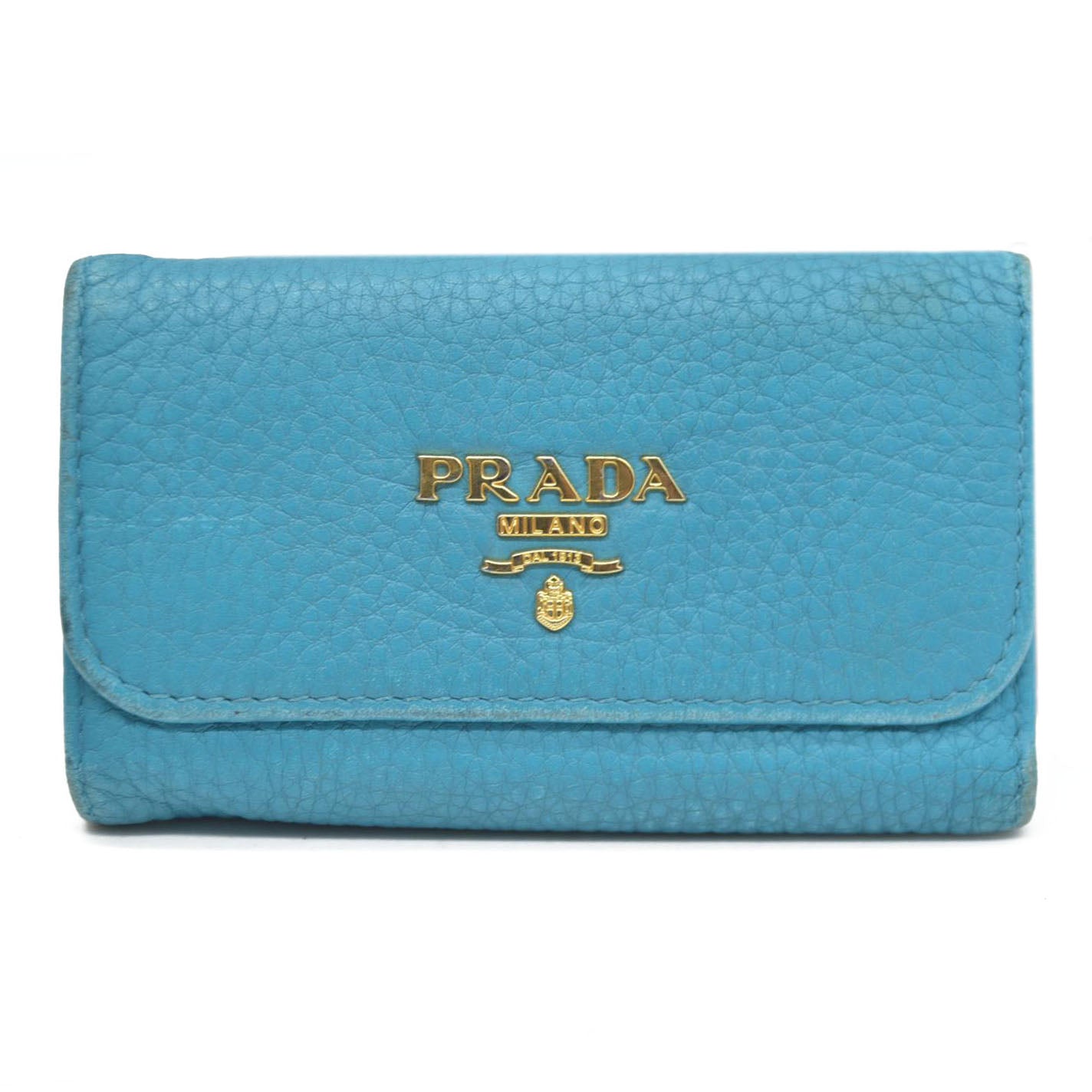 AUCTION $575 PRADA Logo Vitello Leather 6 Ring Key Case Blue