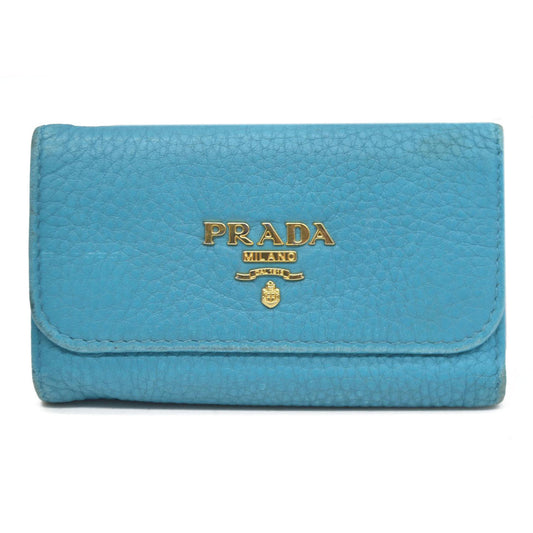 AUCTION $575 PRADA Logo Vitello Leather 6 Ring Key Case Blue