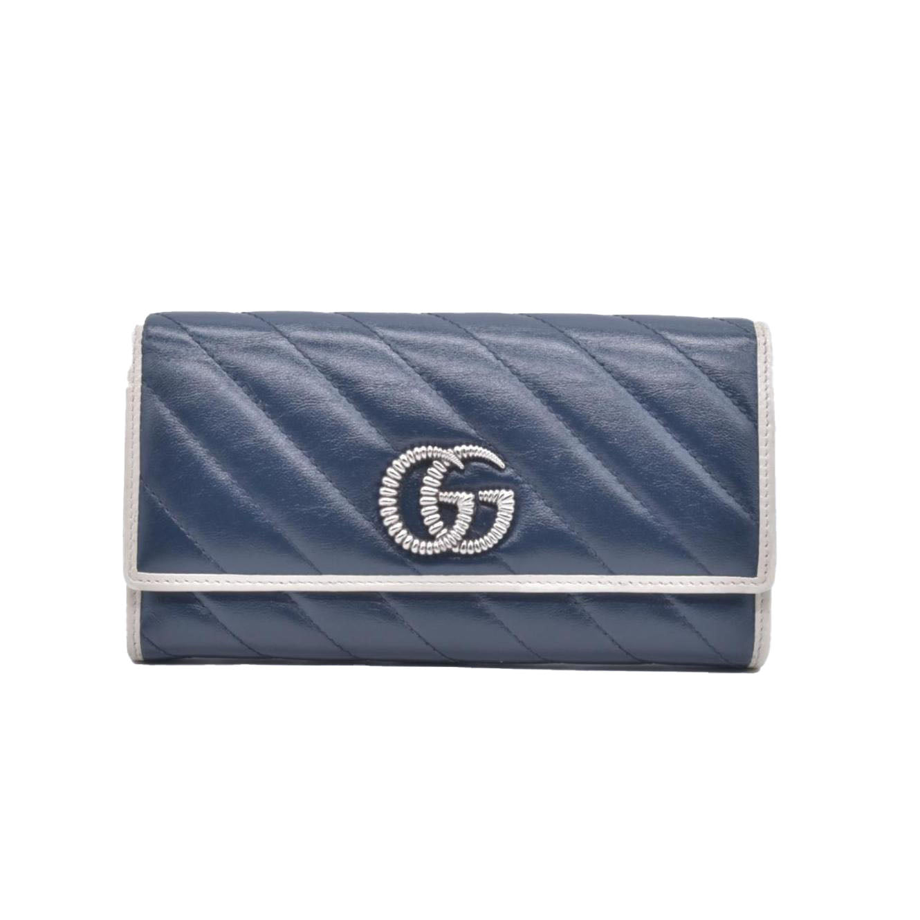 $795 Gucci Vintage Effect Calfskin matelasse Diagonal Torchon GG Marmont Continental Clutch Wallet Blue Agata Mystic White CONSIGNMENT