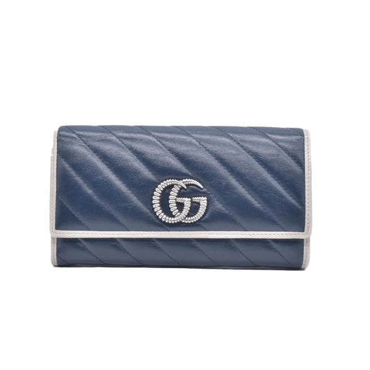 Gucci Vintage Effect Calfskin matelasse Diagonal Torchon GG Marmont Continental Clutch Wallet Blue Agata Mystic White CONSIGNMENT