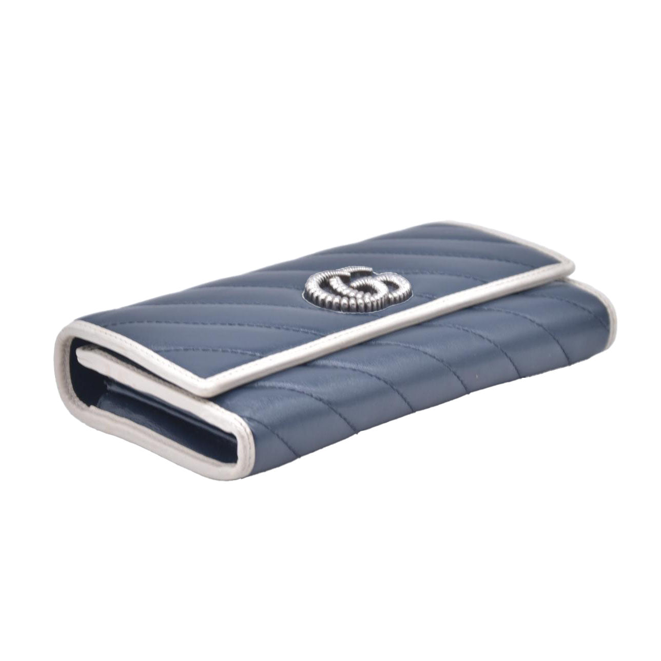 $795 Gucci Vintage Effect Calfskin matelasse Diagonal Torchon GG Marmont Continental Clutch Wallet Blue Agata Mystic White CONSIGNMENT