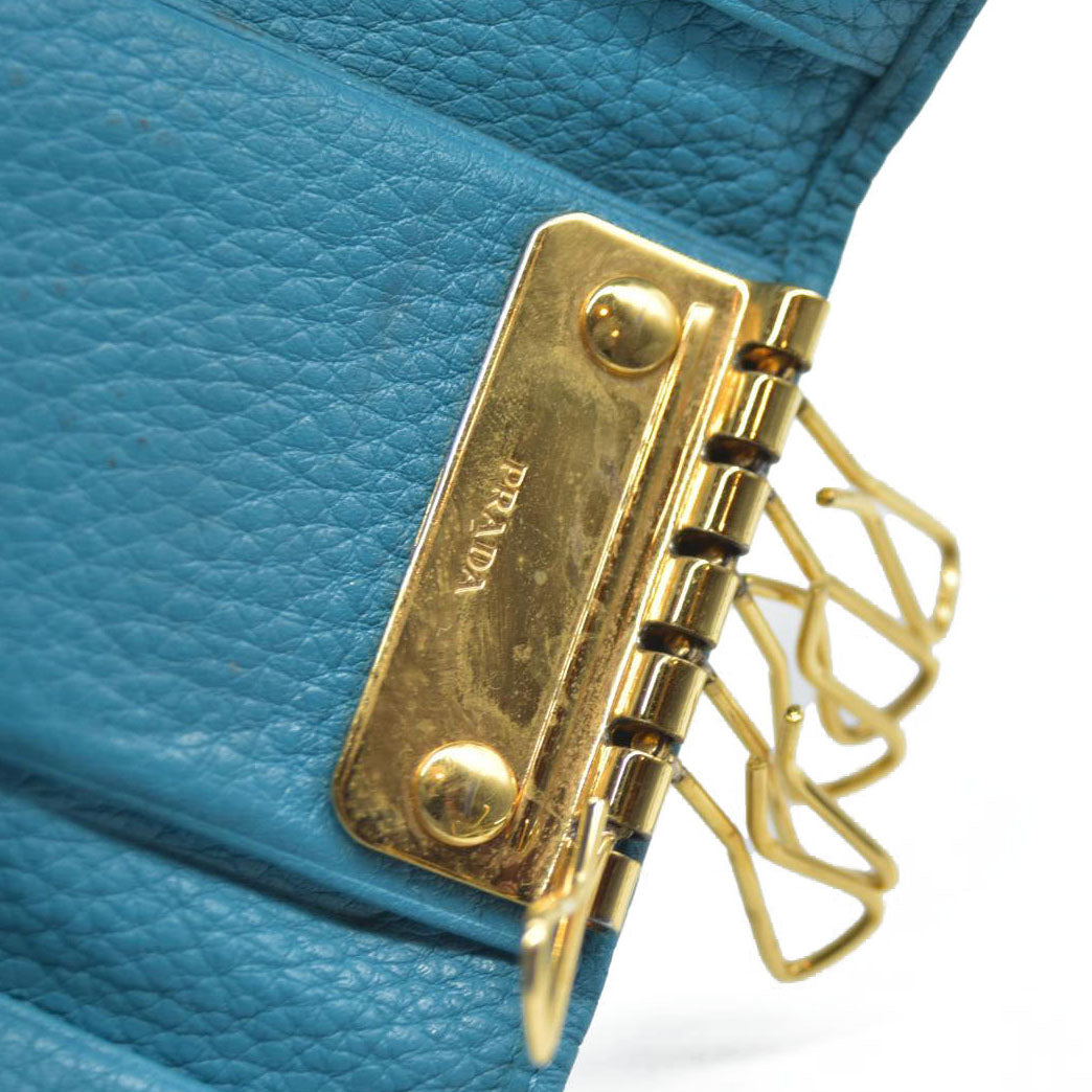 AUCTION $575 PRADA Logo Vitello Leather 6 Ring Key Case Blue