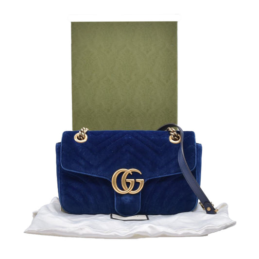 $1790 Gucci Velvet Matelasse Small GG Marmont Shoulder Bag Cobalt Blue CONSIGNMENT