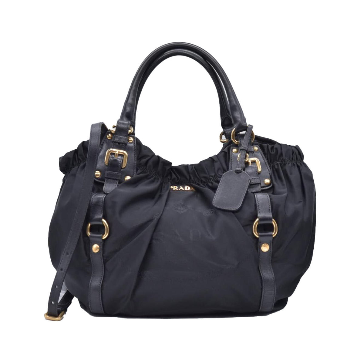$2450 Prada Jacquard Tote Bag Nylon Gathered Vela Black CONSIGNMENT