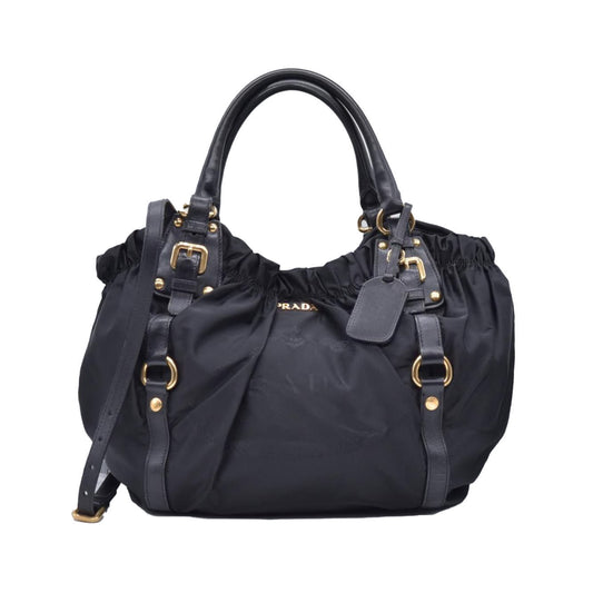 Prada Jacquard Tote Bag Nylon Gathered Vela Black CONSIGNMENT