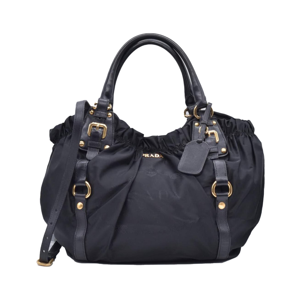 $2450 Prada Jacquard Tote Bag Nylon Gathered Vela Black CONSIGNMENT