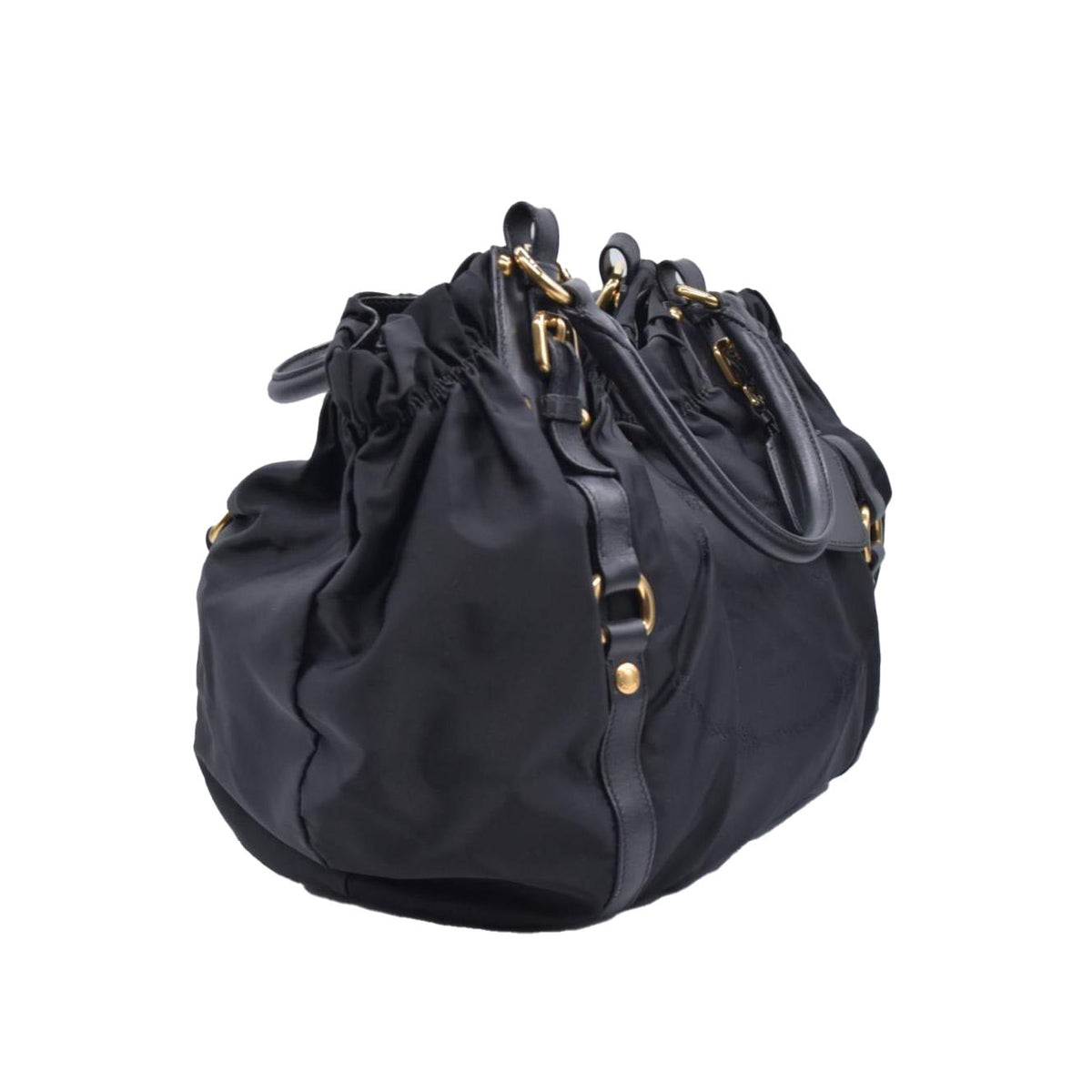 $2450 Prada Jacquard Tote Bag Nylon Gathered Vela Black CONSIGNMENT