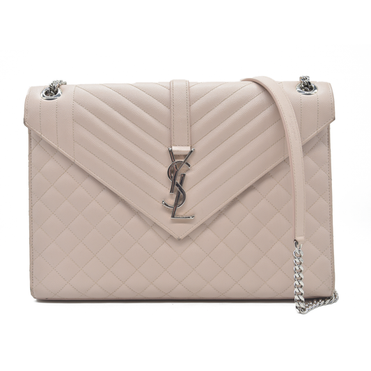 $3200 Saint Laurent Grain De Poudre Textured Mixed Matelasse Large Triquilt Monogram Satchel Light Pink