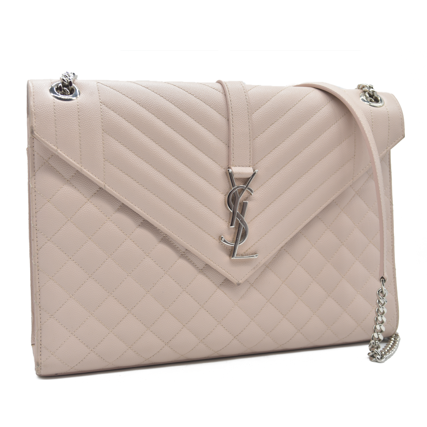 $3200 Saint Laurent Grain De Poudre Textured Mixed Matelasse Large Triquilt Monogram Satchel Light Pink