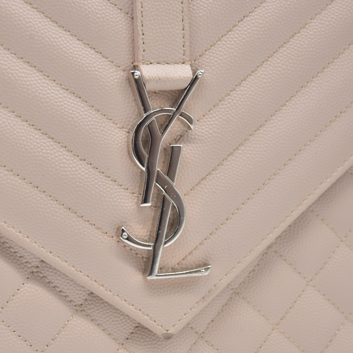 $3200 Saint Laurent Grain De Poudre Textured Mixed Matelasse Large Triquilt Monogram Satchel Light Pink