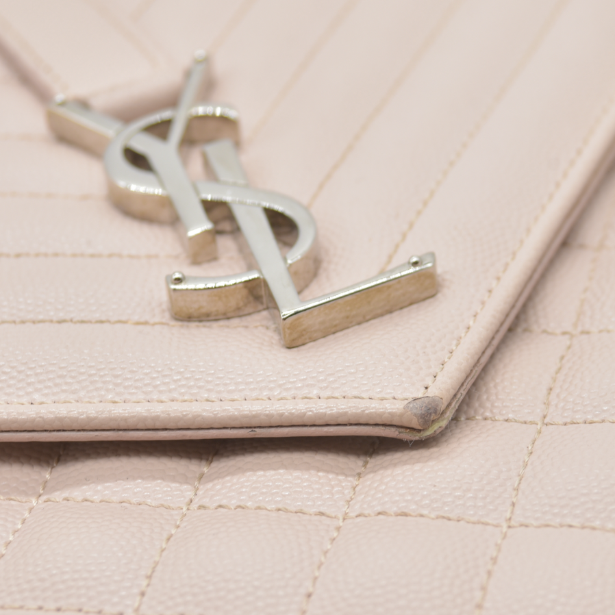 $3200 Saint Laurent Grain De Poudre Textured Mixed Matelasse Large Triquilt Monogram Satchel Light Pink