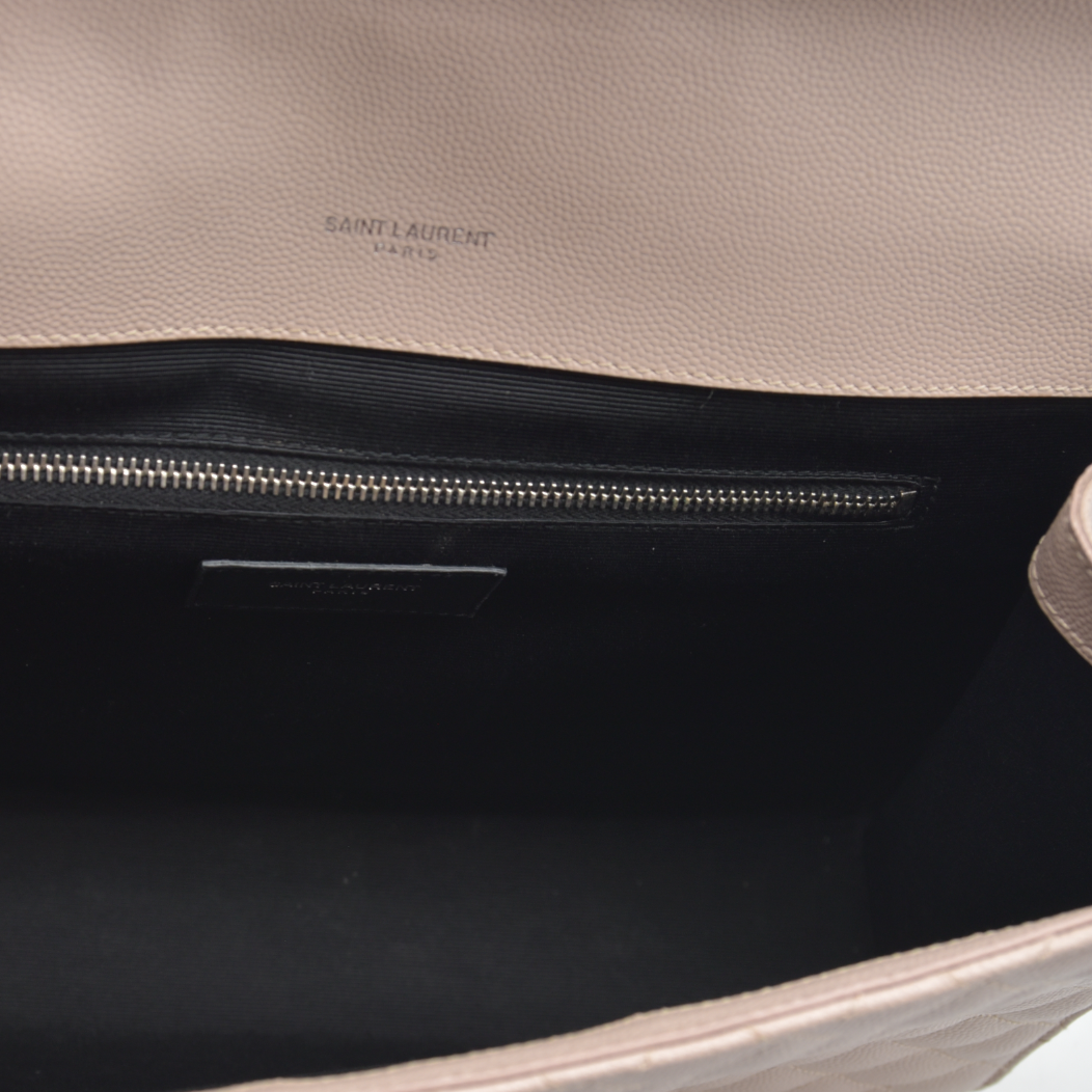 $3200 Saint Laurent Grain De Poudre Textured Mixed Matelasse Large Triquilt Monogram Satchel Light Pink