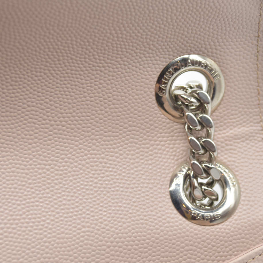 $3200 Saint Laurent Grain De Poudre Textured Mixed Matelasse Large Triquilt Monogram Satchel Light Pink