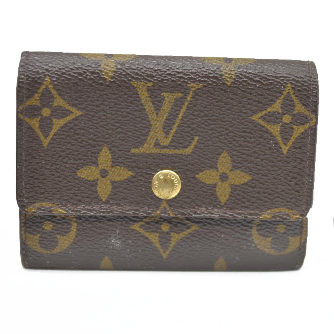 AUCTION $430 Louis Vuitton Monogram Porte Monnaie Plat Coin Purse Wallet Brown