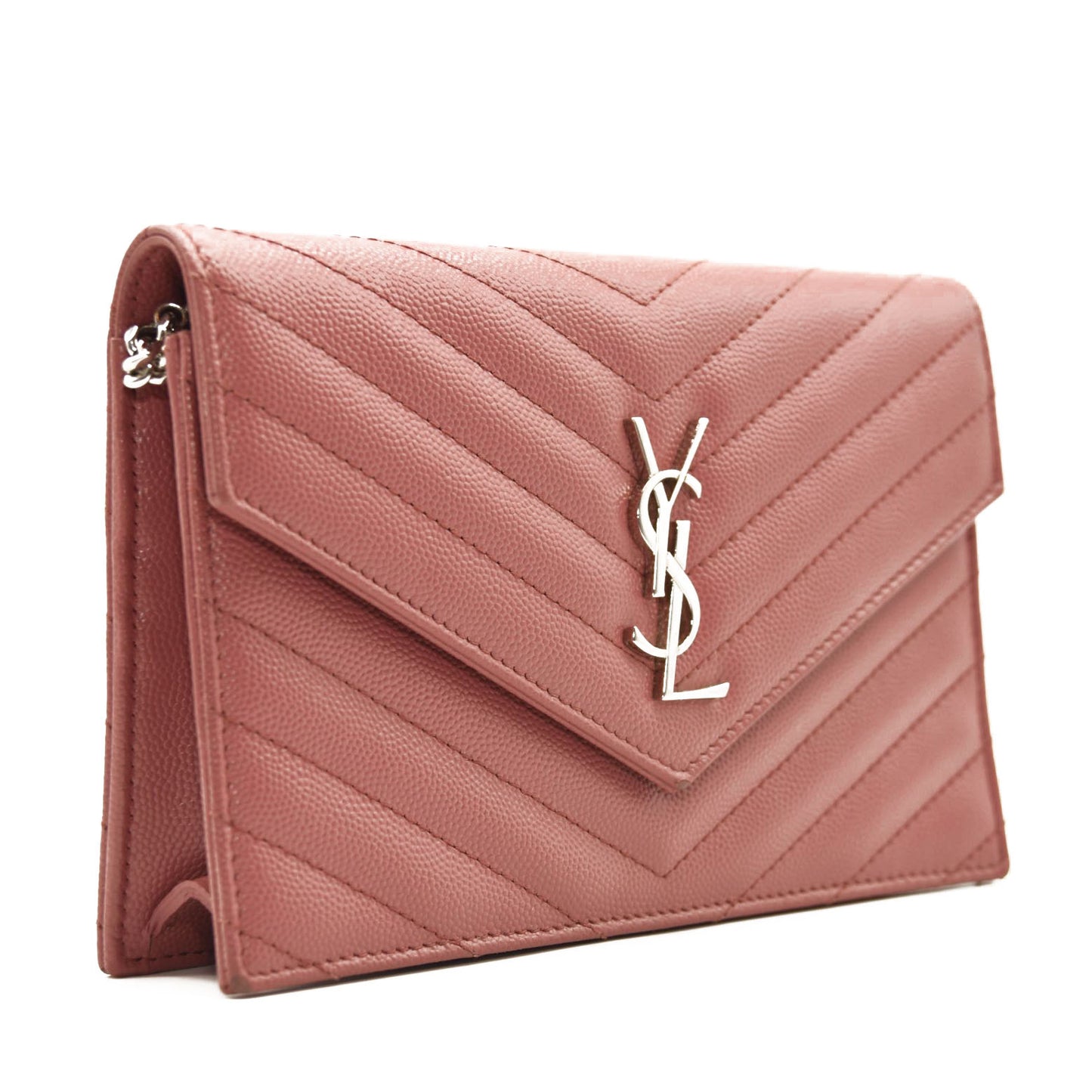 SAINT LAURENT Grain De Poudre Matelasse Chevron Monogram Chain Wallet Mystic Rose