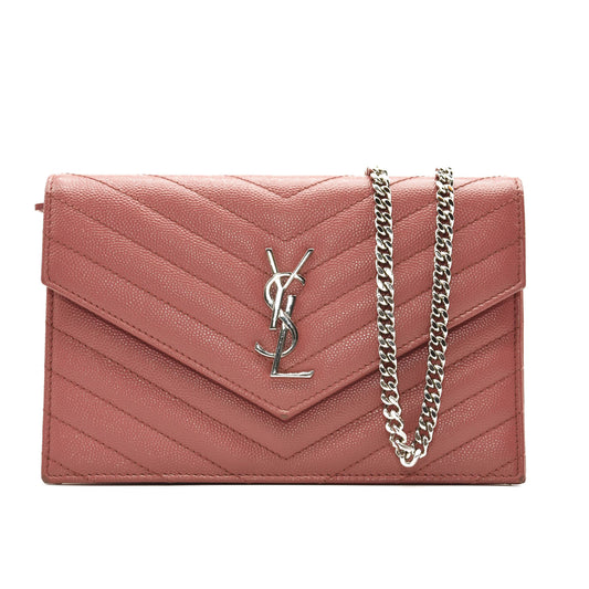 SAINT LAURENT Grain De Poudre Matelasse Chevron Monogram Chain Wallet Mystic Rose