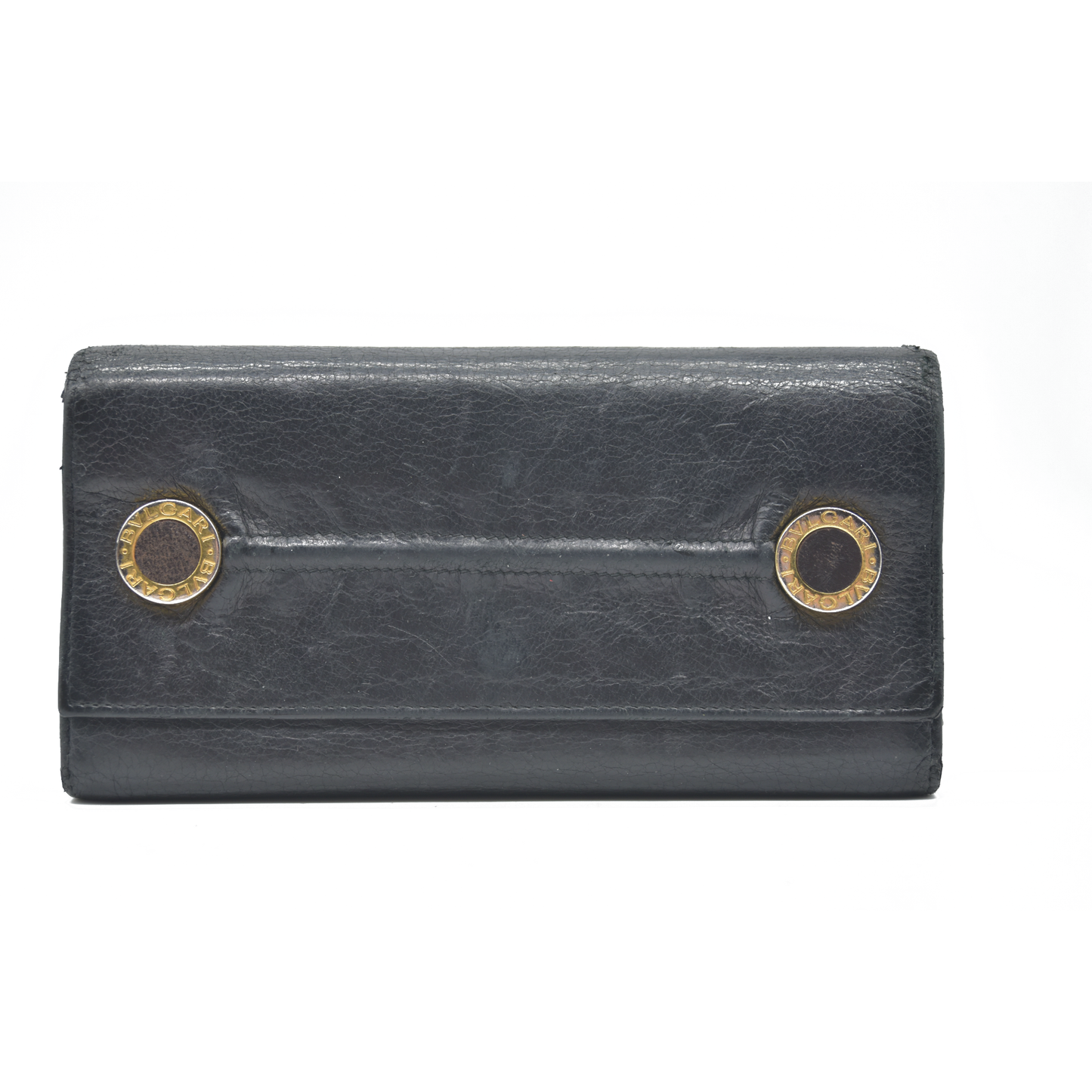 $900 Bvlgari Double Logo Snap Long Wallet Black Leather