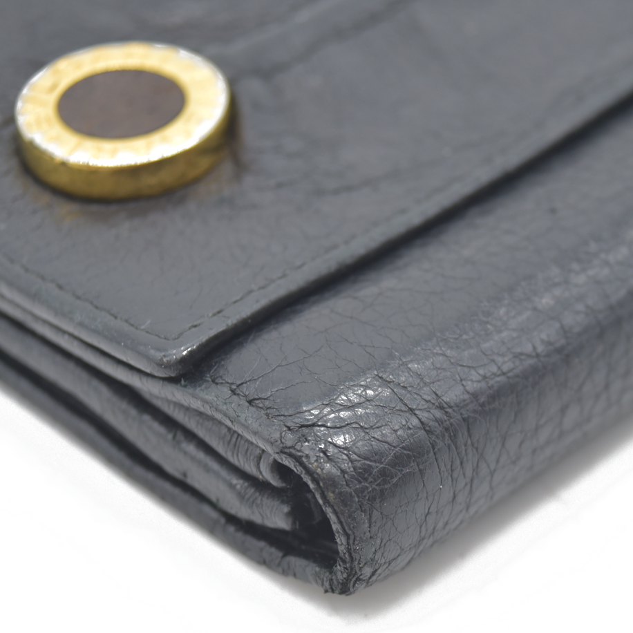 $900 Bvlgari Double Logo Snap Long Wallet Black Leather
