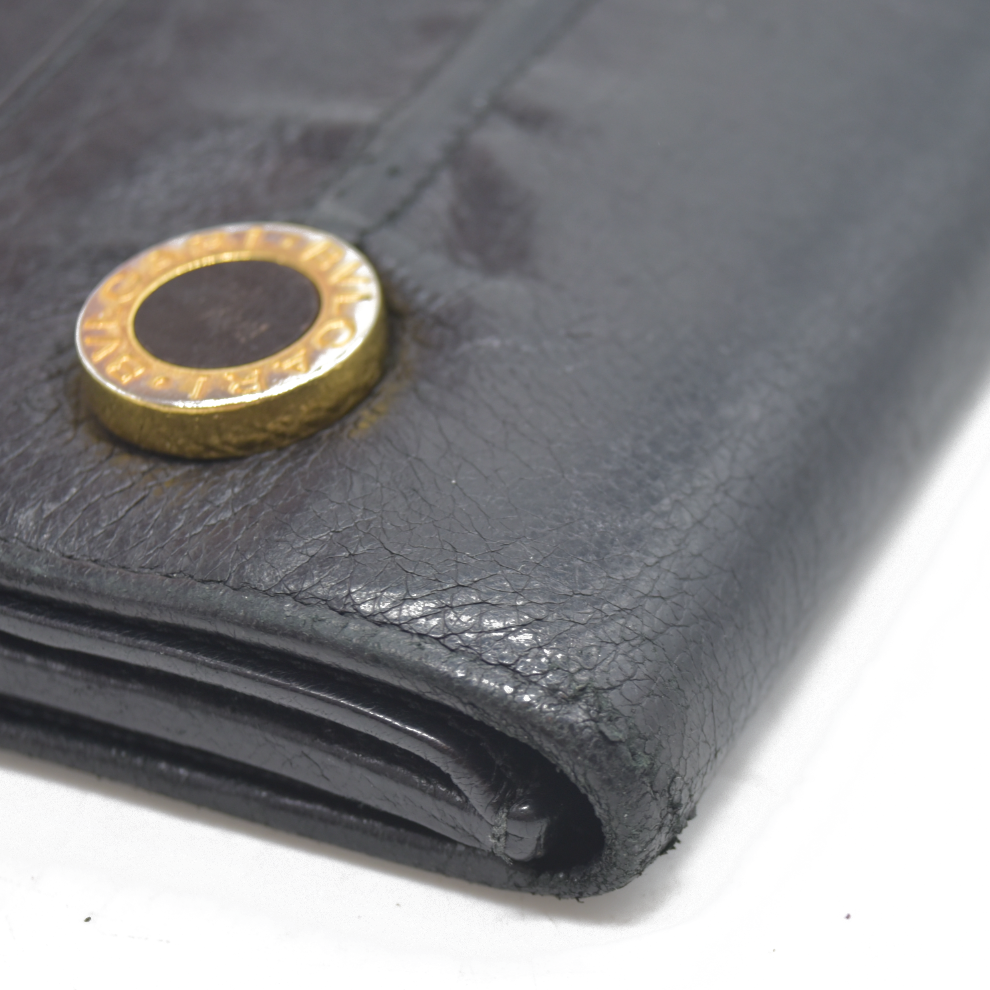 $900 Bvlgari Double Logo Snap Long Wallet Black Leather