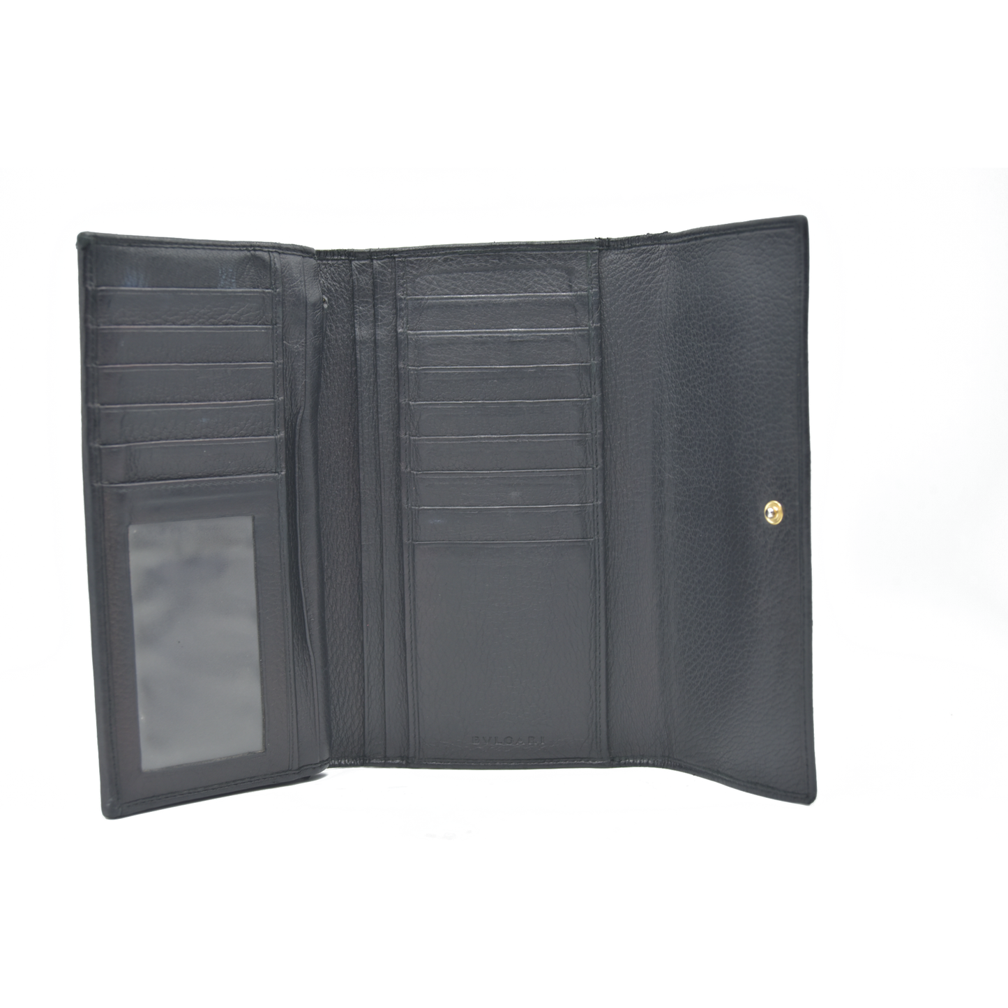 $900 Bvlgari Double Logo Snap Long Wallet Black Leather