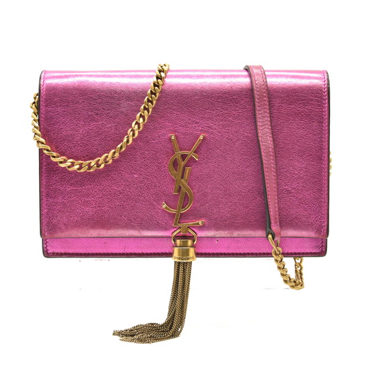 SAINT LAURENT Metallic Calfskin Classic Monogram Kate Tassel Chain Wallet Fuchsia