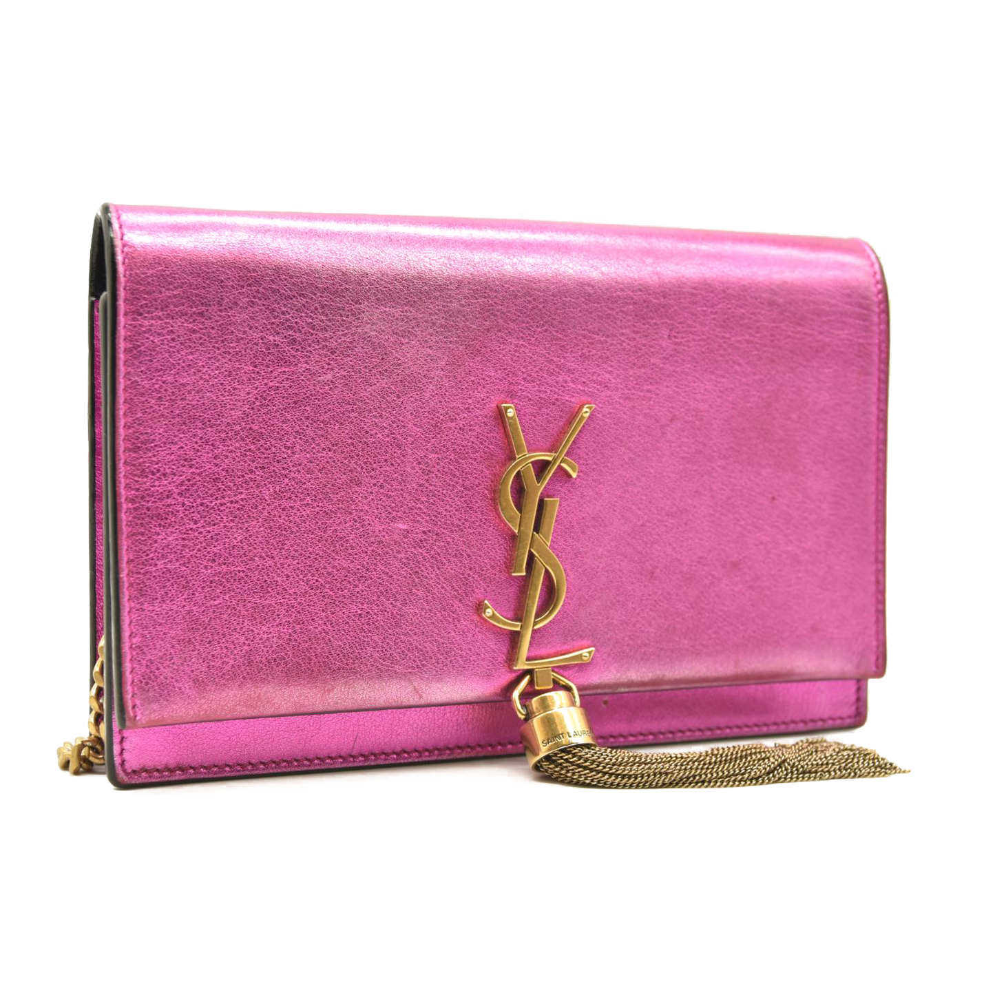 SAINT LAURENT Metallic Calfskin Classic Monogram Kate Tassel Chain Wallet Fuchsia