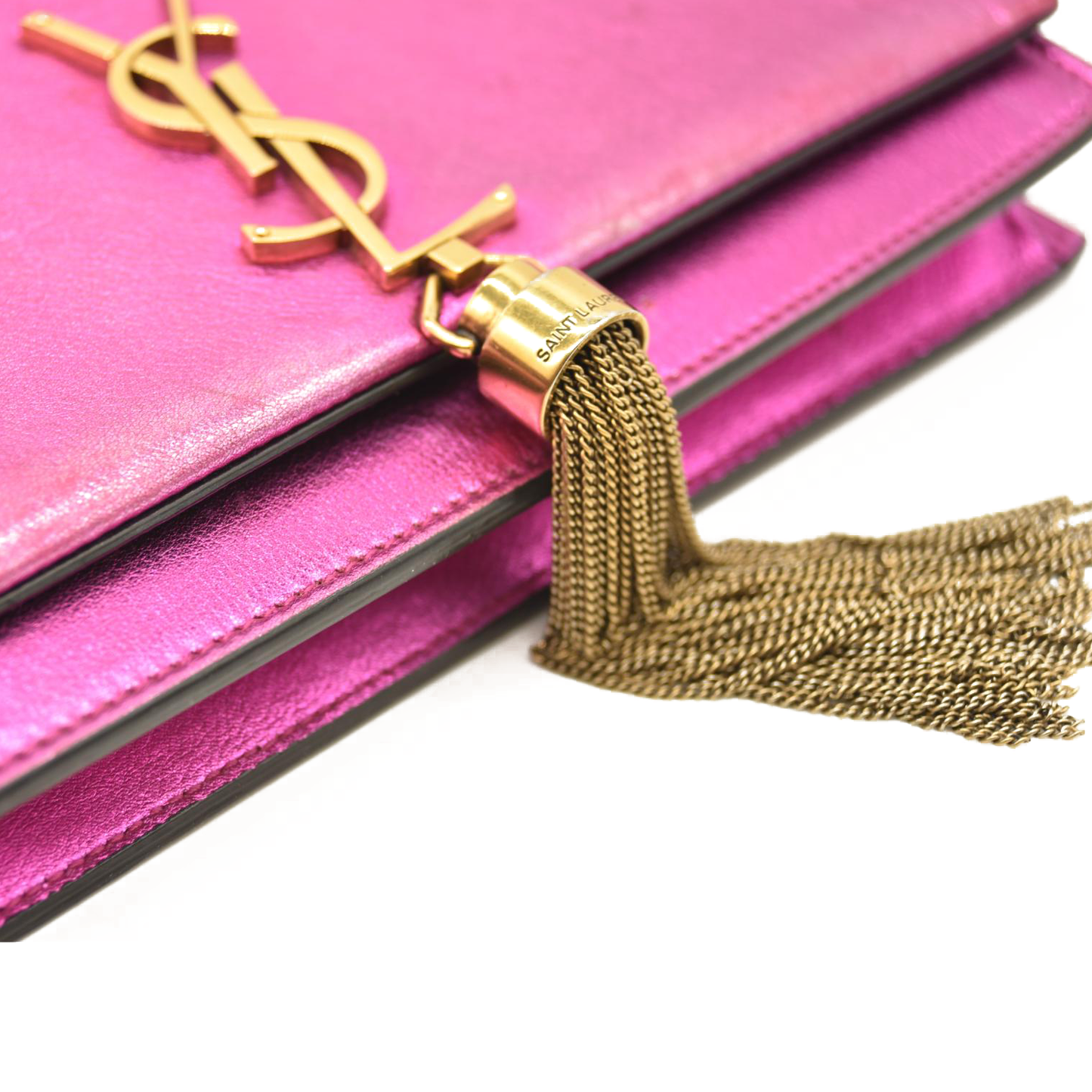 SAINT LAURENT Metallic Calfskin Classic Monogram Kate Tassel Chain Wallet Fuchsia