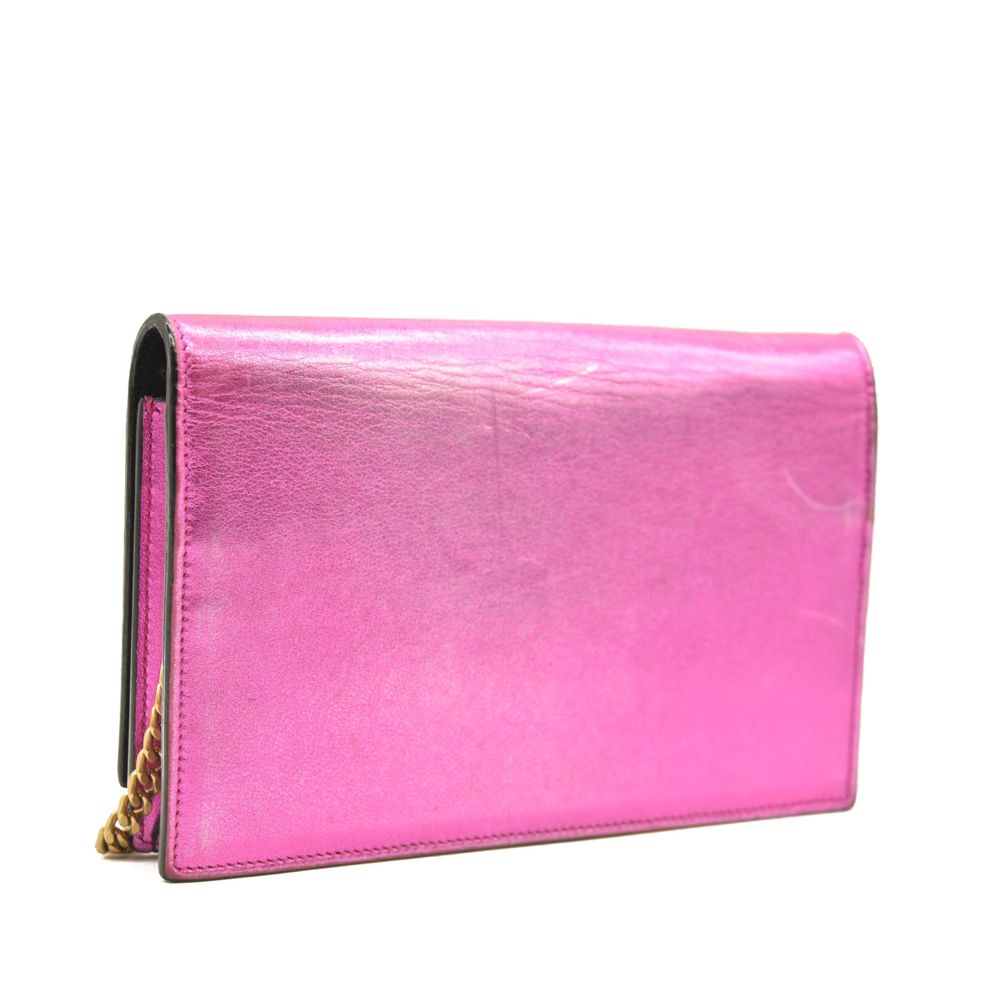 SAINT LAURENT Metallic Calfskin Classic Monogram Kate Tassel Chain Wallet Fuchsia