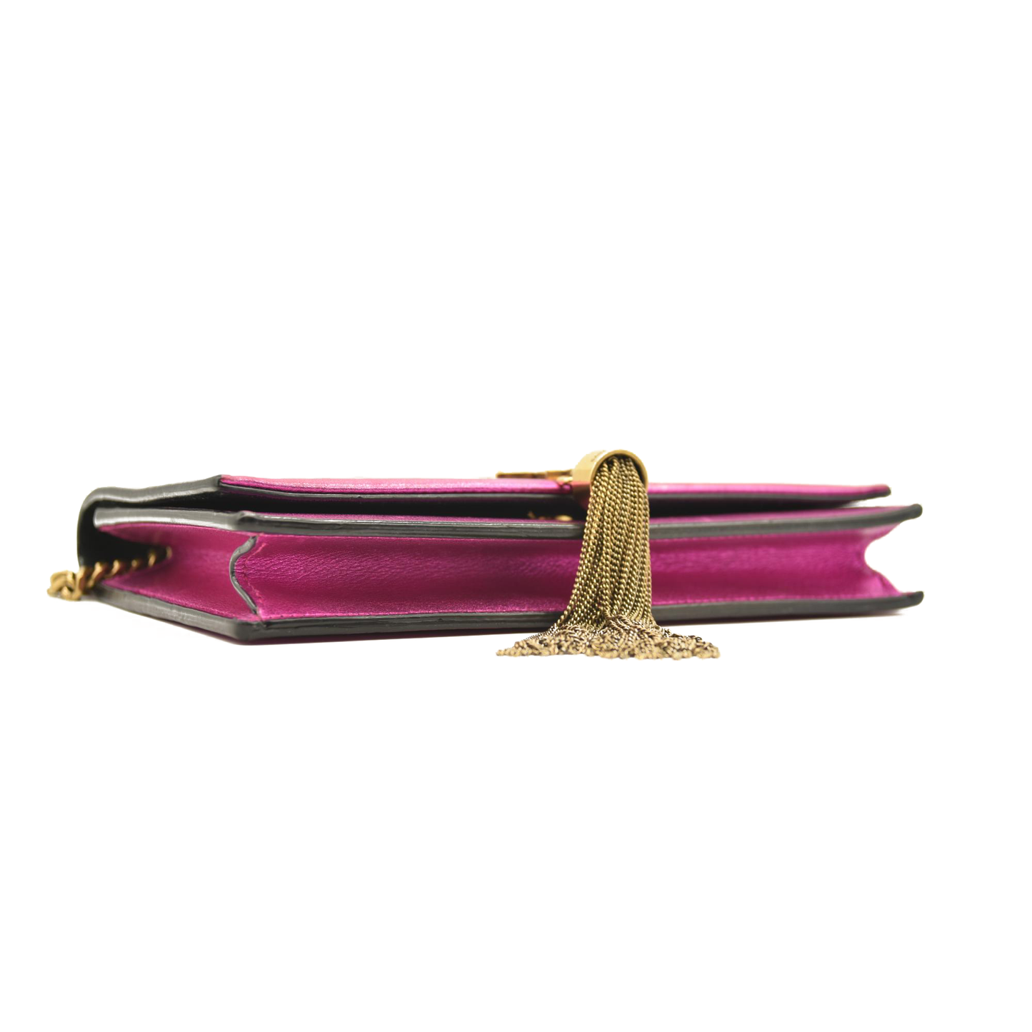 SAINT LAURENT Metallic Calfskin Classic Monogram Kate Tassel Chain Wallet Fuchsia