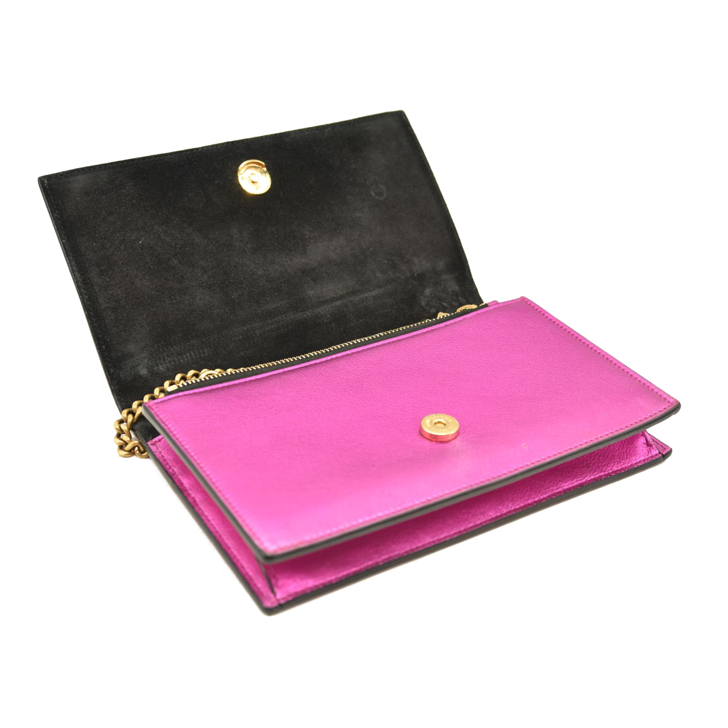 SAINT LAURENT Metallic Calfskin Classic Monogram Kate Tassel Chain Wallet Fuchsia