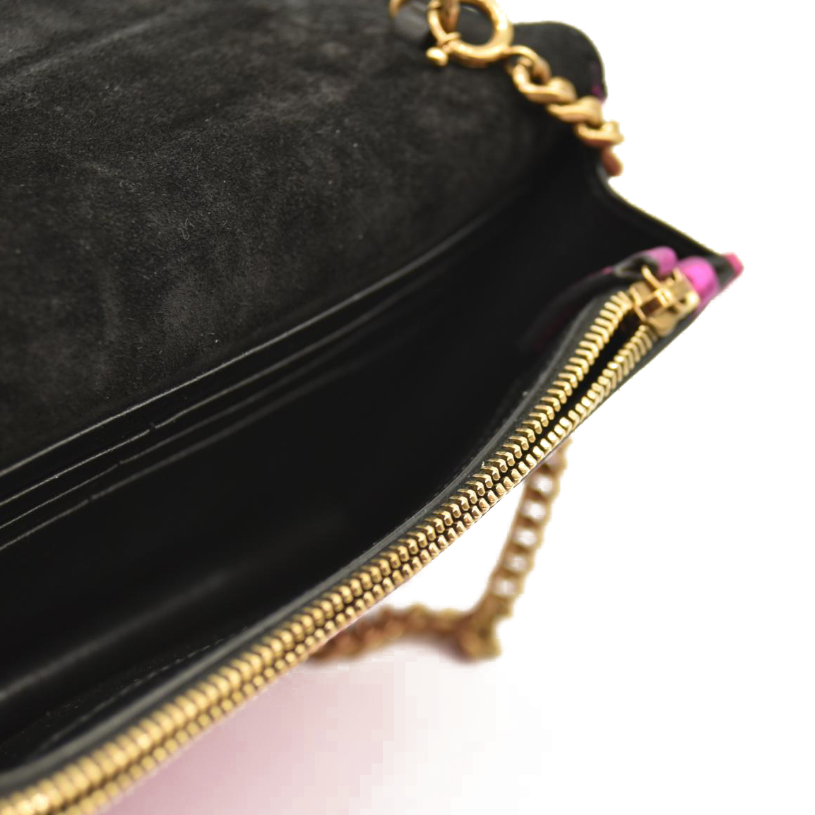 SAINT LAURENT Metallic Calfskin Classic Monogram Kate Tassel Chain Wallet Fuchsia