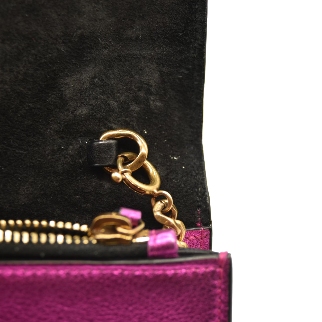 SAINT LAURENT Metallic Calfskin Classic Monogram Kate Tassel Chain Wallet Fuchsia