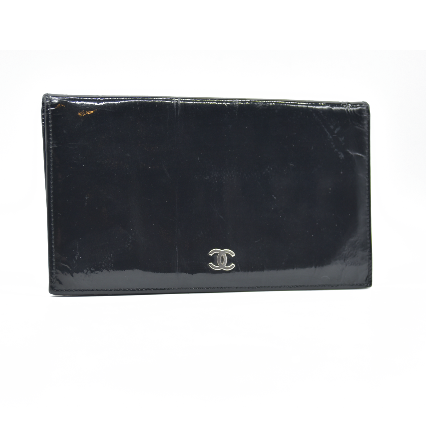 $800 2002 Chanel Interlocking CC Logo Bifold Wallet Black Patent Leather
