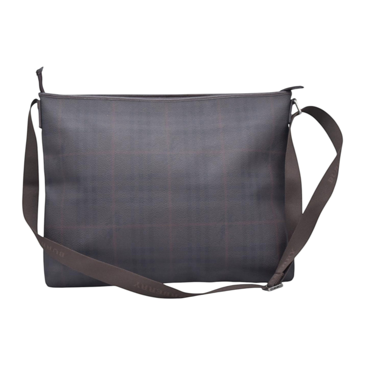 $780  BURBERRY Coated Canvas Check Flat Messenger Bag Dark Brown CONSIGNMENT 10021351