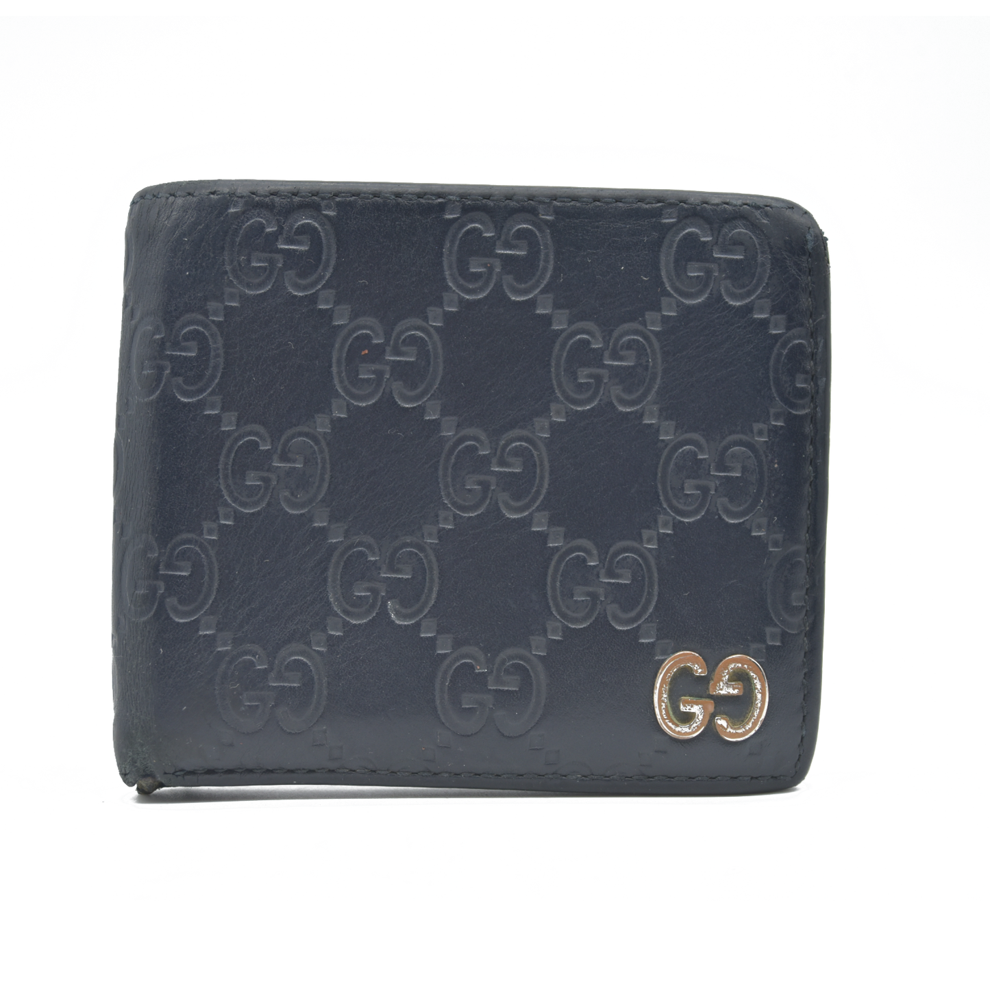 $550 Gucci GG Supreme Leather Wallet Navy Blue Silver