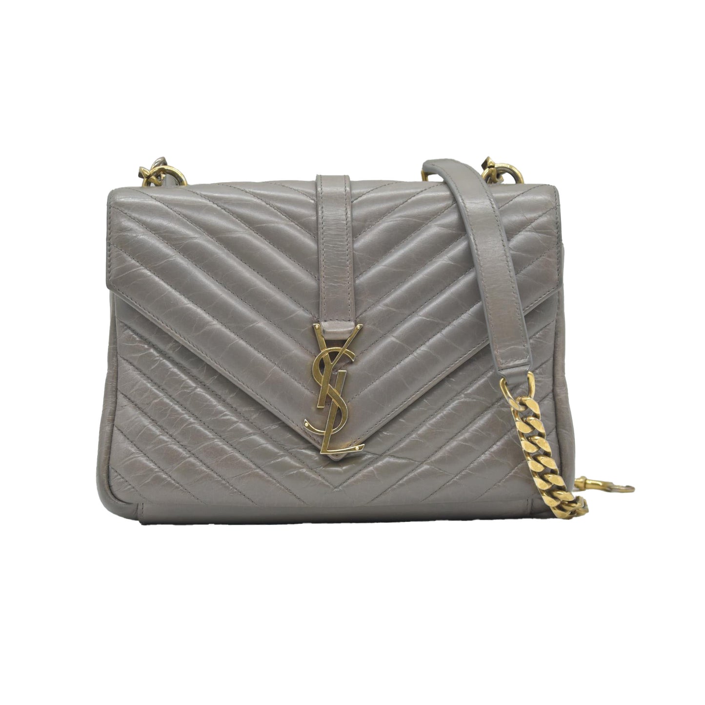 Saint Laurent Waxed Calfskin Matelasse Chevron Medium Monogram College Bag Fog Gray