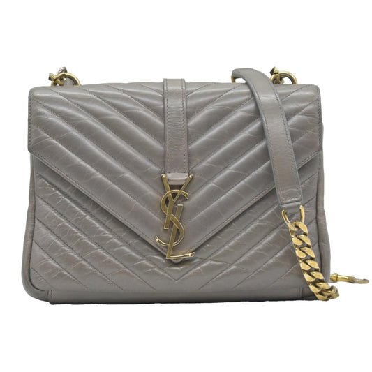 $2800 Saint Laurent Waxed Calfskin Matelasse Chevron Medium Monogram College Bag Fog Gray