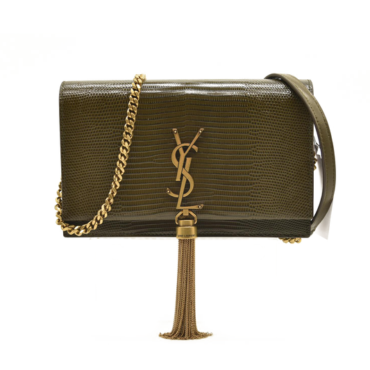 SAINT LAURENT  Calfskin Crocodile Embossed Medium Classic Monogram Kate Tassel Satchel Green