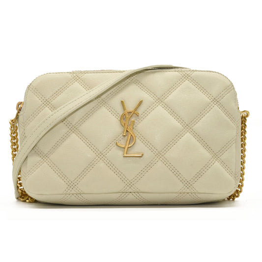 SAINT LAURENT Grained Lambskin Quilted Mini Becky Double Zip Bag Vintage White