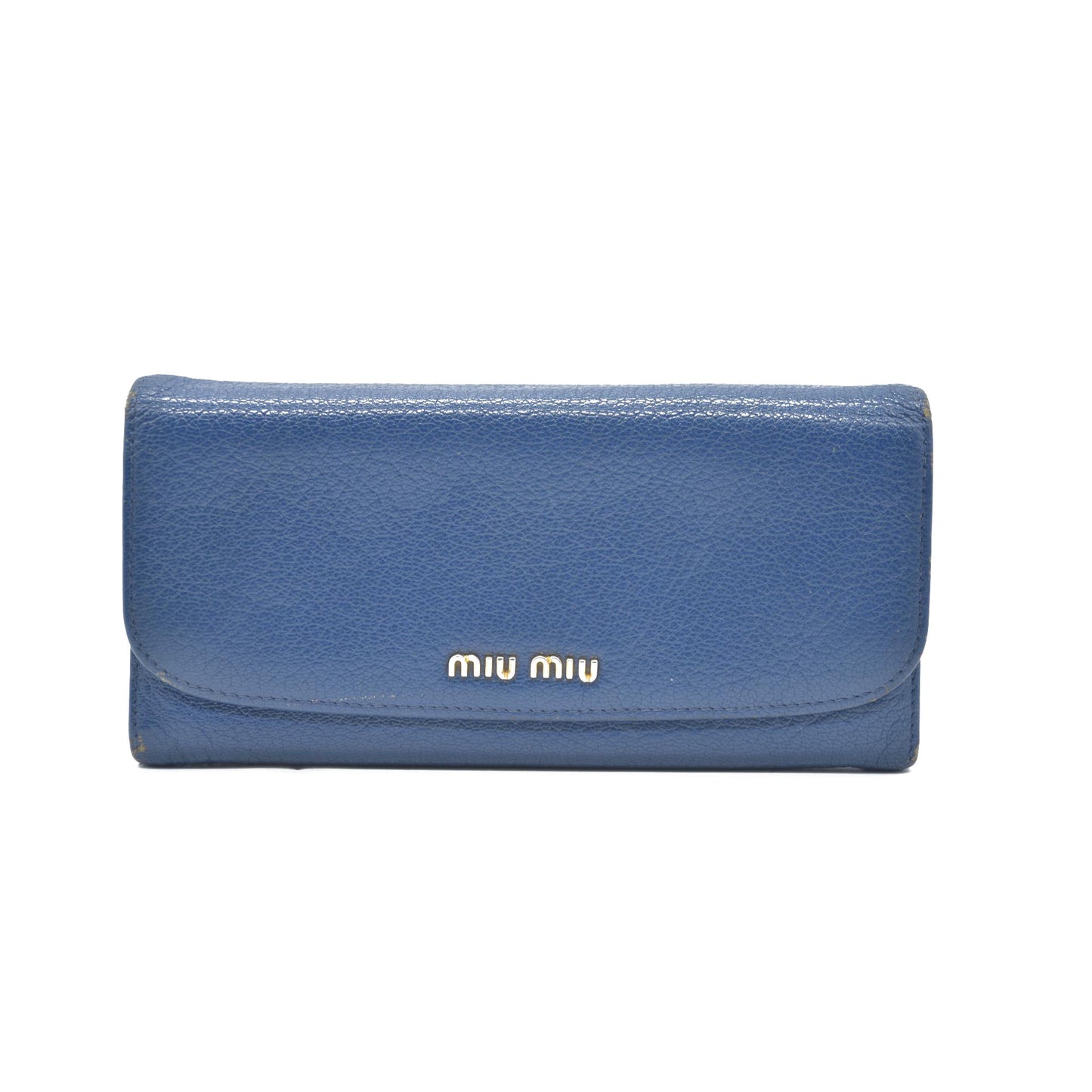 MIU MIU Logo Madras Leather Long Bifold Wallet Blue