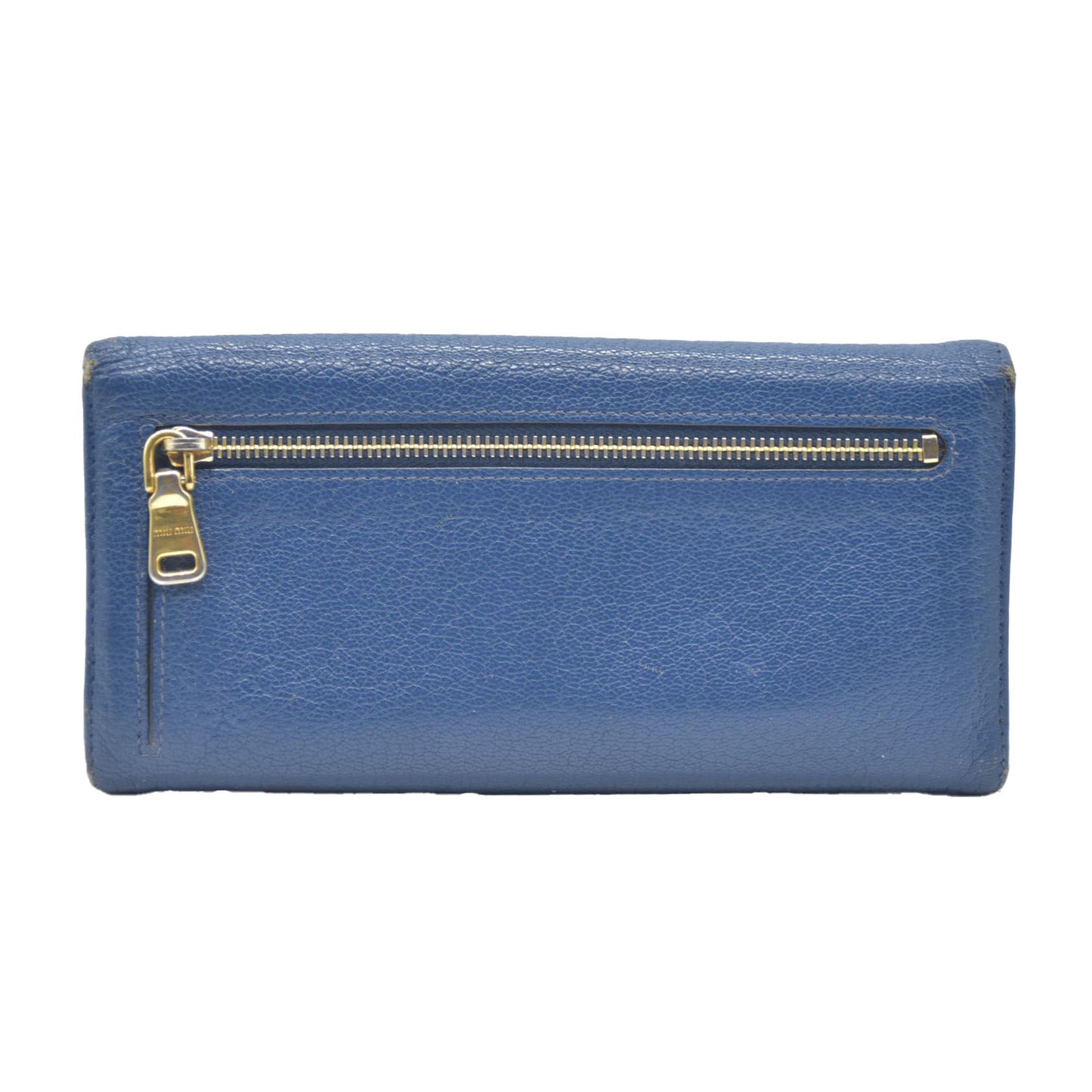 MIU MIU Logo Madras Leather Long Bifold Wallet Blue