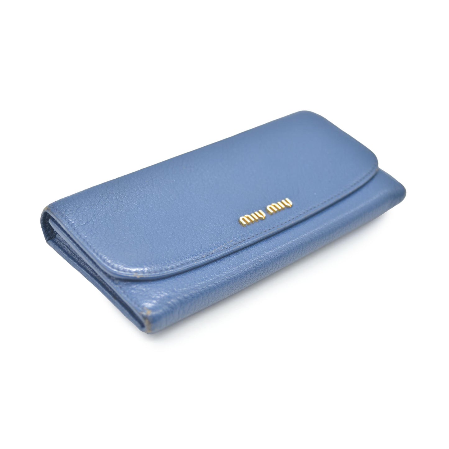 MIU MIU Logo Madras Leather Long Bifold Wallet Blue