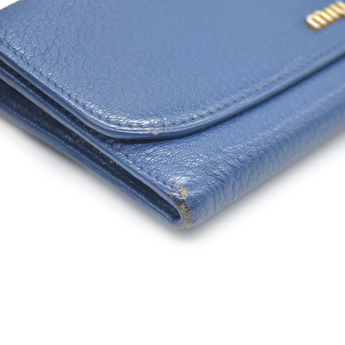 MIU MIU Logo Madras Leather Long Bifold Wallet Blue