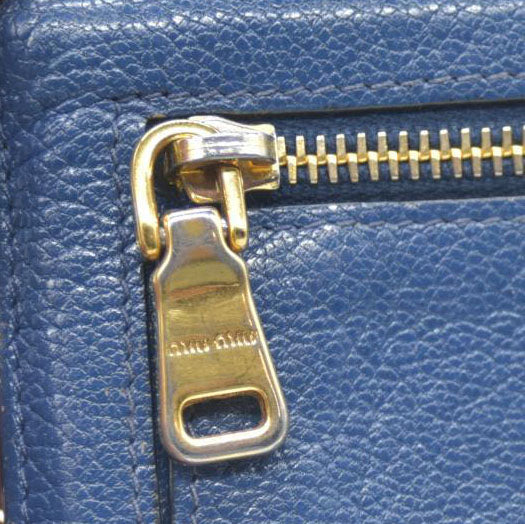 MIU MIU Logo Madras Leather Long Bifold Wallet Blue